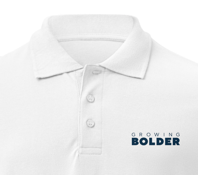 GROWING BOLDER white polo shirt